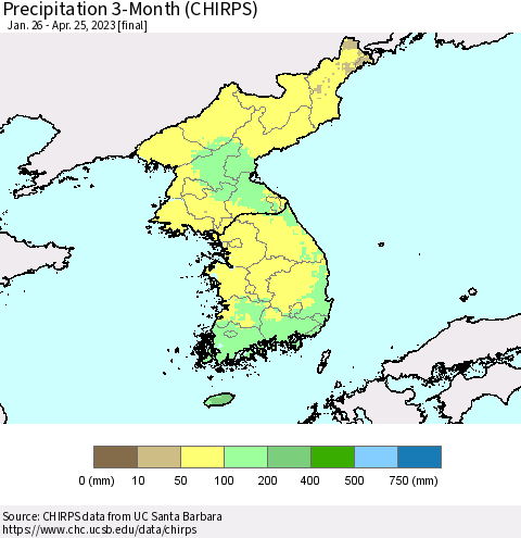 Korea Precipitation 3-Month (CHIRPS) Thematic Map For 1/26/2023 - 4/25/2023