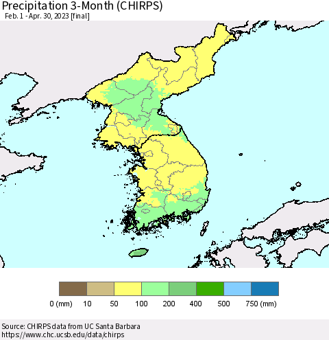 Korea Precipitation 3-Month (CHIRPS) Thematic Map For 2/1/2023 - 4/30/2023