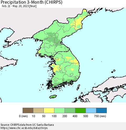 Korea Precipitation 3-Month (CHIRPS) Thematic Map For 2/21/2023 - 5/20/2023
