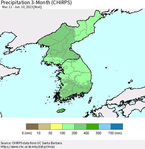 Korea Precipitation 3-Month (CHIRPS) Thematic Map For 3/11/2023 - 6/10/2023