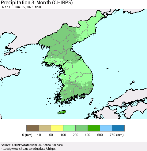 Korea Precipitation 3-Month (CHIRPS) Thematic Map For 3/16/2023 - 6/15/2023