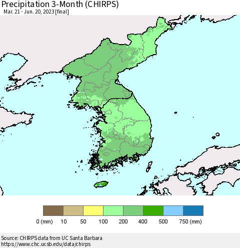Korea Precipitation 3-Month (CHIRPS) Thematic Map For 3/21/2023 - 6/20/2023