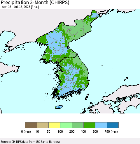 Korea Precipitation 3-Month (CHIRPS) Thematic Map For 4/16/2023 - 7/15/2023