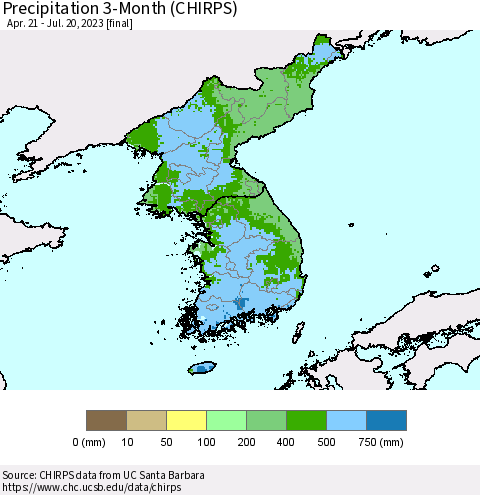 Korea Precipitation 3-Month (CHIRPS) Thematic Map For 4/21/2023 - 7/20/2023