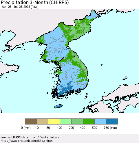 Korea Precipitation 3-Month (CHIRPS) Thematic Map For 4/26/2023 - 7/25/2023