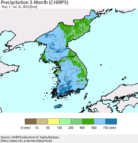 Korea Precipitation 3-Month (CHIRPS) Thematic Map For 5/1/2023 - 7/31/2023