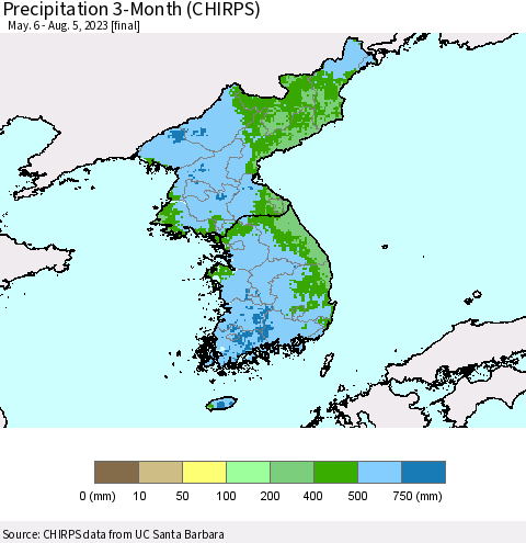 Korea Precipitation 3-Month (CHIRPS) Thematic Map For 5/6/2023 - 8/5/2023