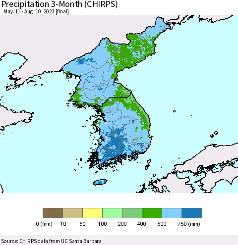 Korea Precipitation 3-Month (CHIRPS) Thematic Map For 5/11/2023 - 8/10/2023