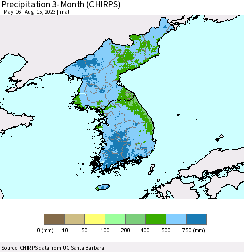 Korea Precipitation 3-Month (CHIRPS) Thematic Map For 5/16/2023 - 8/15/2023