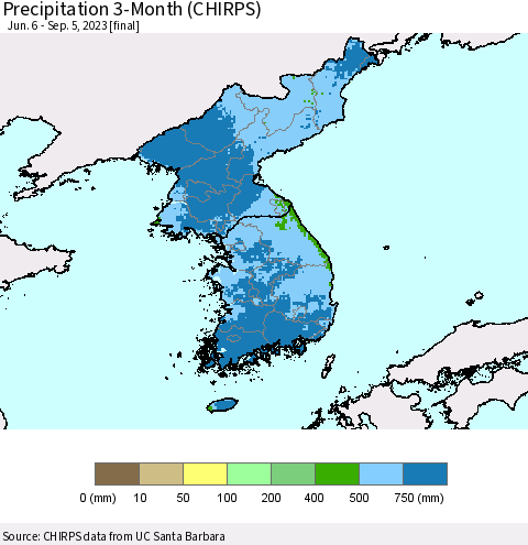 Korea Precipitation 3-Month (CHIRPS) Thematic Map For 6/6/2023 - 9/5/2023