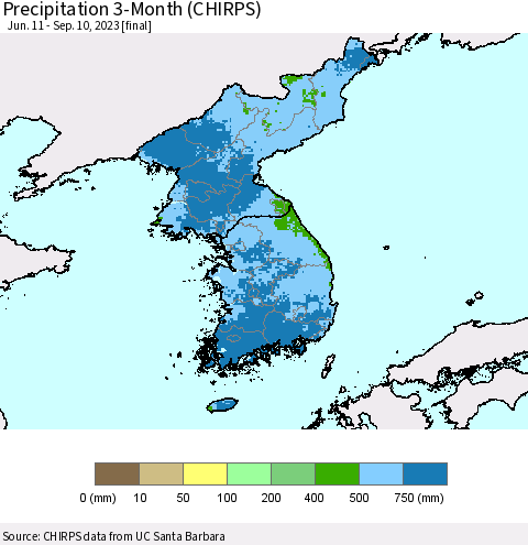 Korea Precipitation 3-Month (CHIRPS) Thematic Map For 6/11/2023 - 9/10/2023