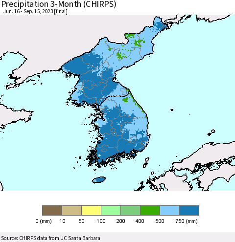 Korea Precipitation 3-Month (CHIRPS) Thematic Map For 6/16/2023 - 9/15/2023