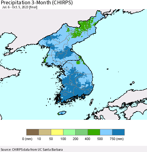 Korea Precipitation 3-Month (CHIRPS) Thematic Map For 7/6/2023 - 10/5/2023