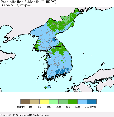 Korea Precipitation 3-Month (CHIRPS) Thematic Map For 7/16/2023 - 10/15/2023
