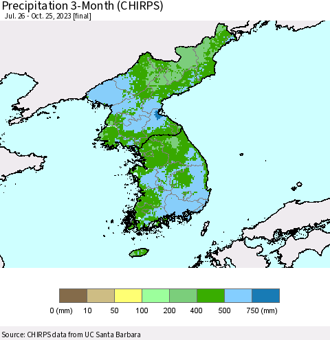 Korea Precipitation 3-Month (CHIRPS) Thematic Map For 7/26/2023 - 10/25/2023