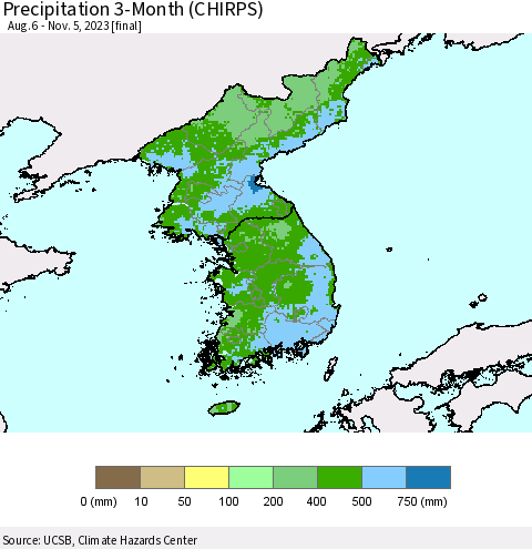 Korea Precipitation 3-Month (CHIRPS) Thematic Map For 8/6/2023 - 11/5/2023