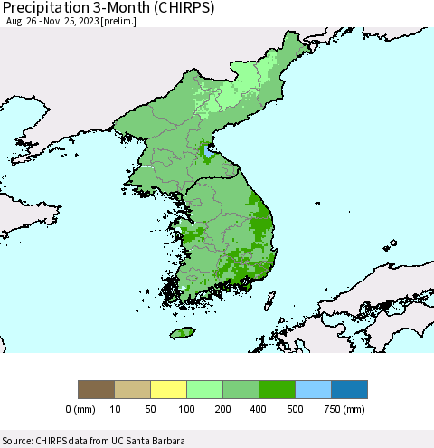 Korea Precipitation 3-Month (CHIRPS) Thematic Map For 8/26/2023 - 11/25/2023
