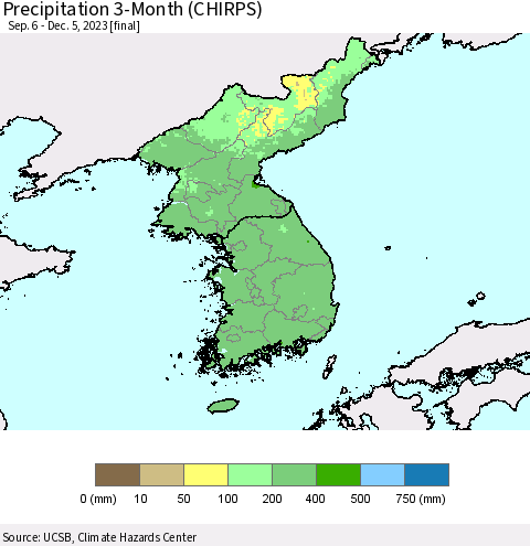 Korea Precipitation 3-Month (CHIRPS) Thematic Map For 9/6/2023 - 12/5/2023