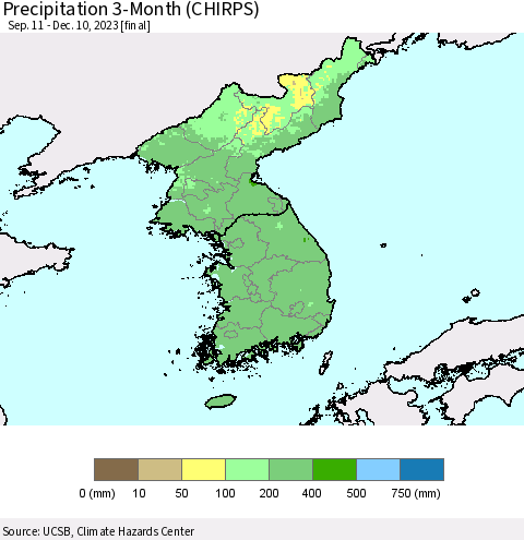Korea Precipitation 3-Month (CHIRPS) Thematic Map For 9/11/2023 - 12/10/2023