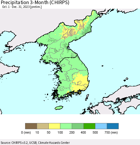 Korea Precipitation 3-Month (CHIRPS) Thematic Map For 10/1/2023 - 12/31/2023
