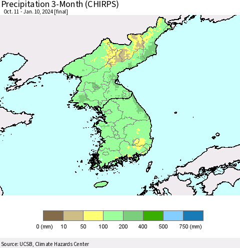 Korea Precipitation 3-Month (CHIRPS) Thematic Map For 10/11/2023 - 1/10/2024