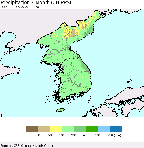Korea Precipitation 3-Month (CHIRPS) Thematic Map For 10/26/2023 - 1/25/2024