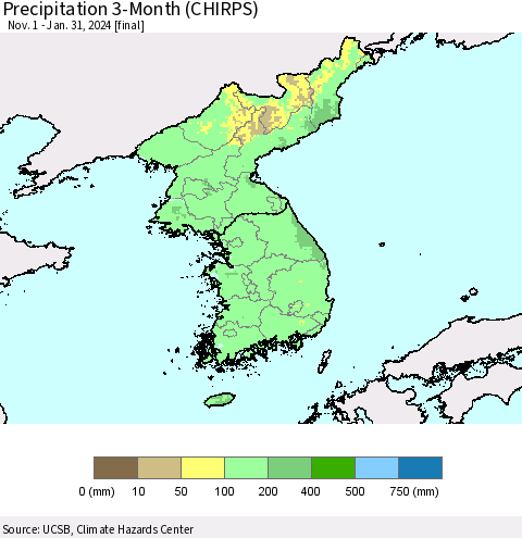 Korea Precipitation 3-Month (CHIRPS) Thematic Map For 11/1/2023 - 1/31/2024