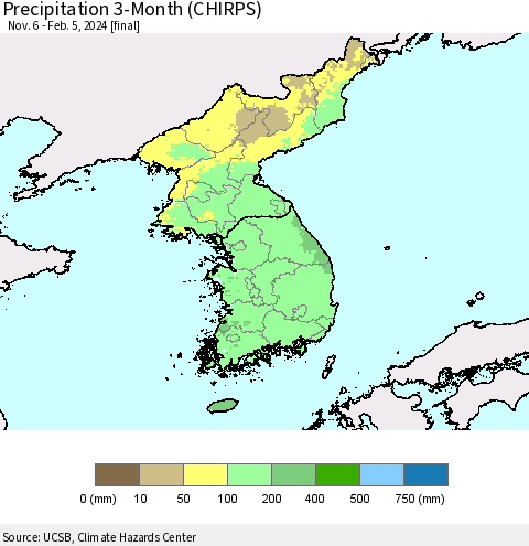 Korea Precipitation 3-Month (CHIRPS) Thematic Map For 11/6/2023 - 2/5/2024