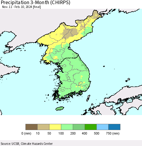 Korea Precipitation 3-Month (CHIRPS) Thematic Map For 11/11/2023 - 2/10/2024