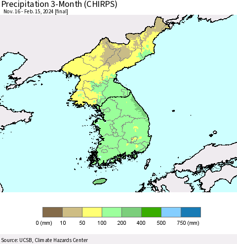 Korea Precipitation 3-Month (CHIRPS) Thematic Map For 11/16/2023 - 2/15/2024