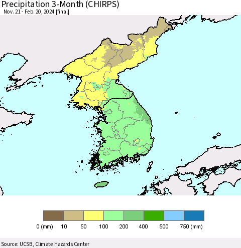 Korea Precipitation 3-Month (CHIRPS) Thematic Map For 11/21/2023 - 2/20/2024