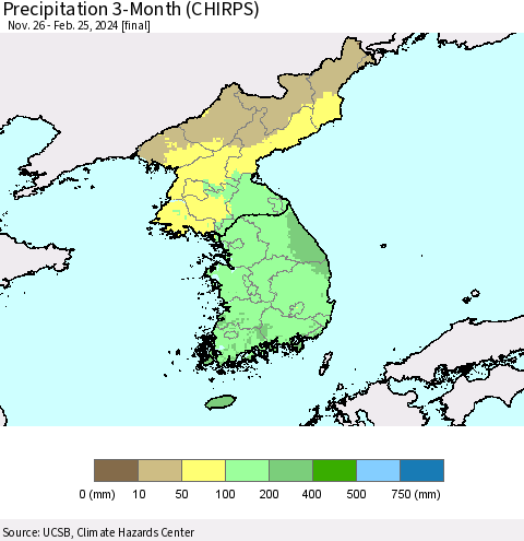Korea Precipitation 3-Month (CHIRPS) Thematic Map For 11/26/2023 - 2/25/2024