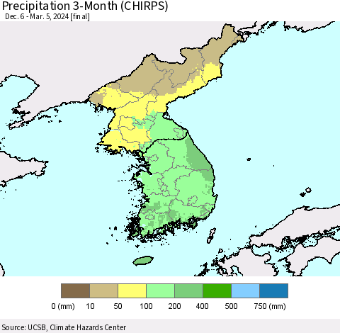 Korea Precipitation 3-Month (CHIRPS) Thematic Map For 12/6/2023 - 3/5/2024