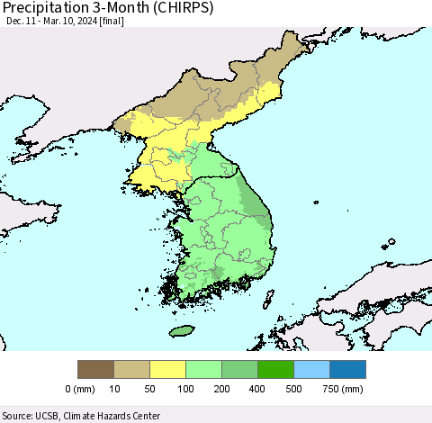 Korea Precipitation 3-Month (CHIRPS) Thematic Map For 12/11/2023 - 3/10/2024