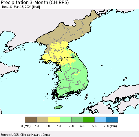 Korea Precipitation 3-Month (CHIRPS) Thematic Map For 12/16/2023 - 3/15/2024
