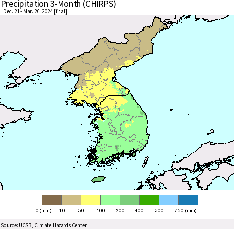 Korea Precipitation 3-Month (CHIRPS) Thematic Map For 12/21/2023 - 3/20/2024