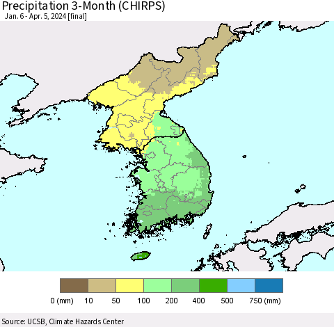 Korea Precipitation 3-Month (CHIRPS) Thematic Map For 1/6/2024 - 4/5/2024