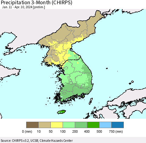 Korea Precipitation 3-Month (CHIRPS) Thematic Map For 1/11/2024 - 4/10/2024