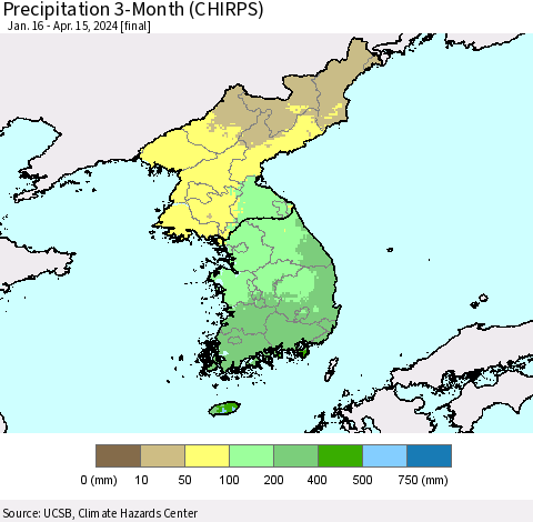 Korea Precipitation 3-Month (CHIRPS) Thematic Map For 1/16/2024 - 4/15/2024