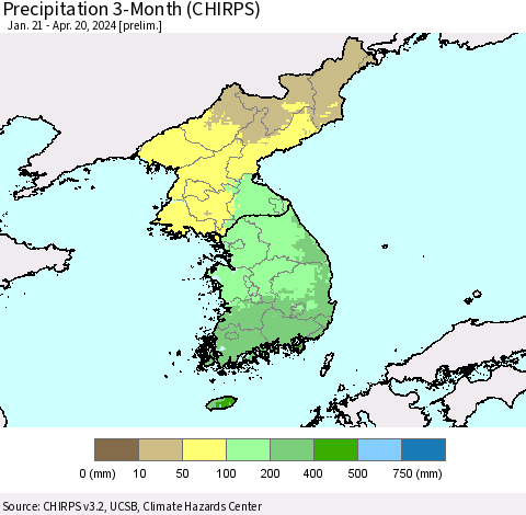Korea Precipitation 3-Month (CHIRPS) Thematic Map For 1/21/2024 - 4/20/2024