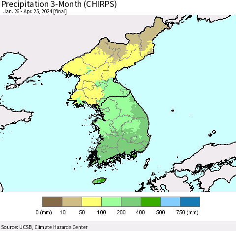 Korea Precipitation 3-Month (CHIRPS) Thematic Map For 1/26/2024 - 4/25/2024