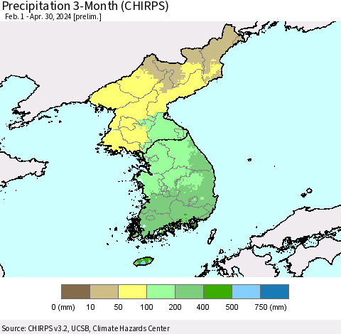 Korea Precipitation 3-Month (CHIRPS) Thematic Map For 2/1/2024 - 4/30/2024