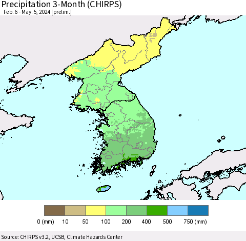 Korea Precipitation 3-Month (CHIRPS) Thematic Map For 2/6/2024 - 5/5/2024