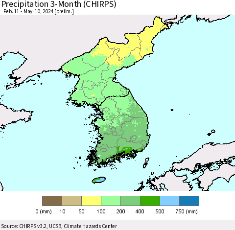 Korea Precipitation 3-Month (CHIRPS) Thematic Map For 2/11/2024 - 5/10/2024