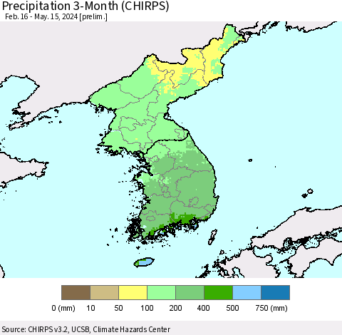 Korea Precipitation 3-Month (CHIRPS) Thematic Map For 2/16/2024 - 5/15/2024