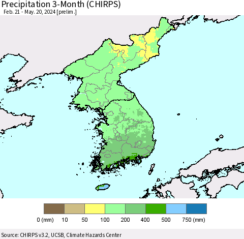 Korea Precipitation 3-Month (CHIRPS) Thematic Map For 2/21/2024 - 5/20/2024