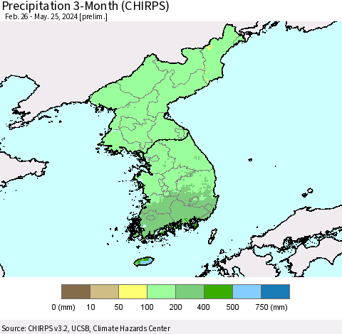 Korea Precipitation 3-Month (CHIRPS) Thematic Map For 2/26/2024 - 5/25/2024