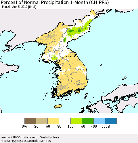 Korea Percent of Normal Precipitation 1-Month (CHIRPS) Thematic Map For 3/6/2019 - 4/5/2019