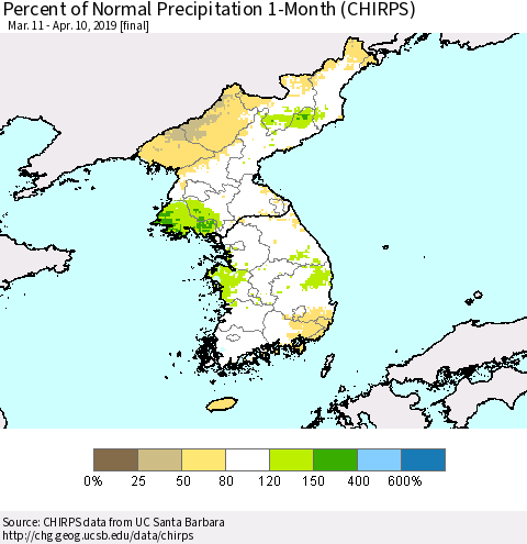 Korea Percent of Normal Precipitation 1-Month (CHIRPS) Thematic Map For 3/11/2019 - 4/10/2019