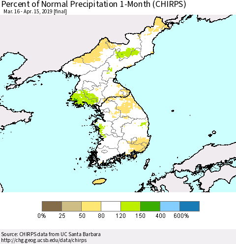 Korea Percent of Normal Precipitation 1-Month (CHIRPS) Thematic Map For 3/16/2019 - 4/15/2019
